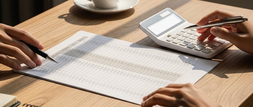 mesa com planilha, calculadora, café e mãos humanas organizando finanças