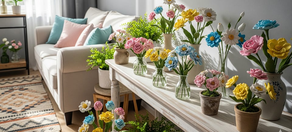 side table display of flower clay art