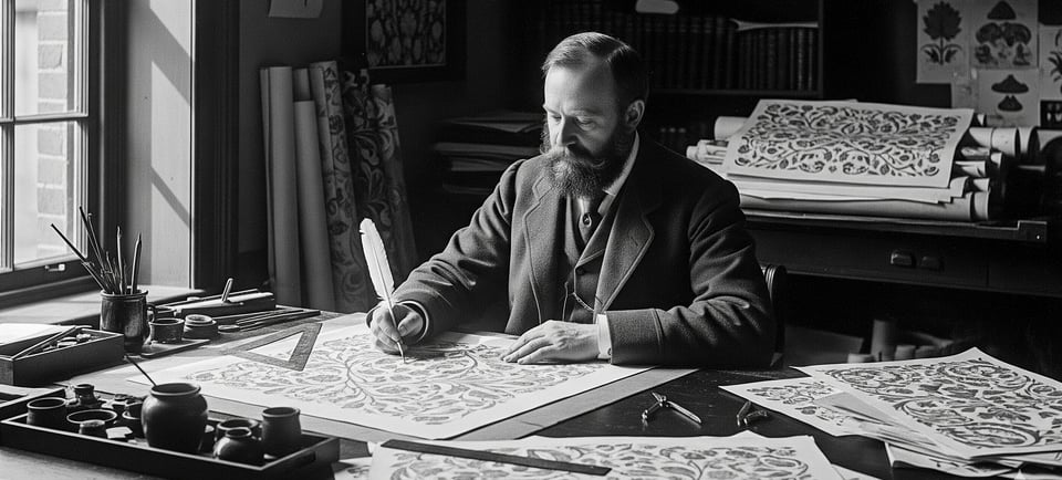 william morris sat at desk designing flowers in black and white image