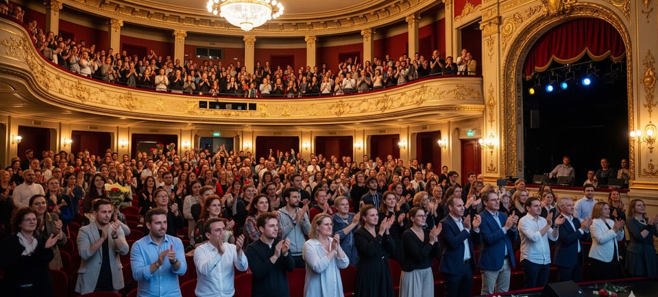 crowd giving standing ovation in theatre
