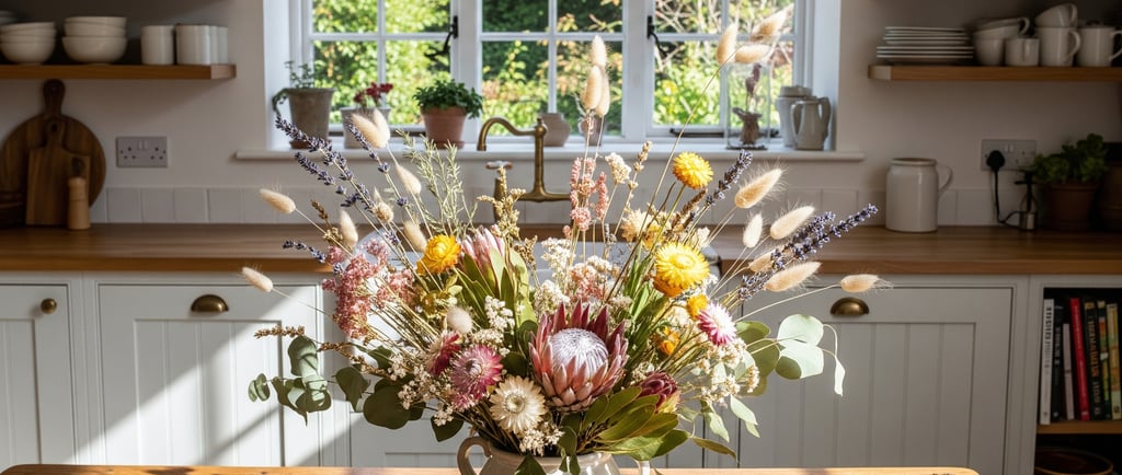 beautiful bouquet of dried flowers in kitchen