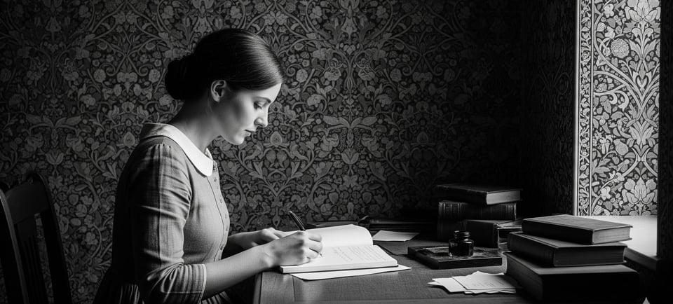 woman writing at desk with floral decor in background