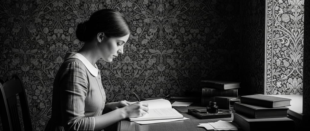 19th century woman sat at desk writing
