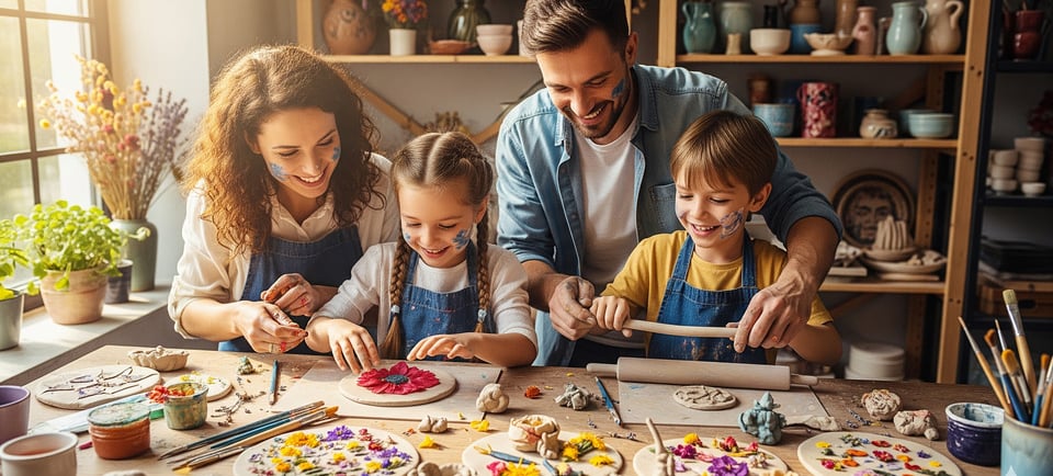 happy family making clay art
