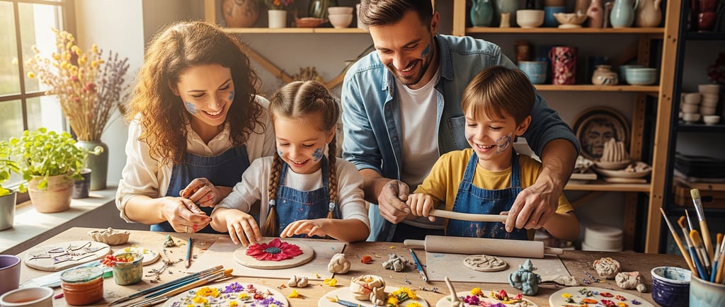 happy family creating clay flower art