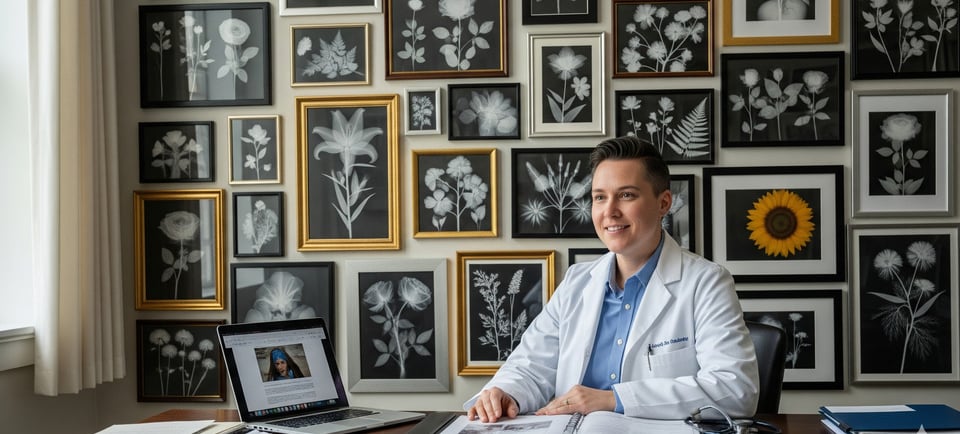 doctor sat at table with x ray floral art hanging on wall