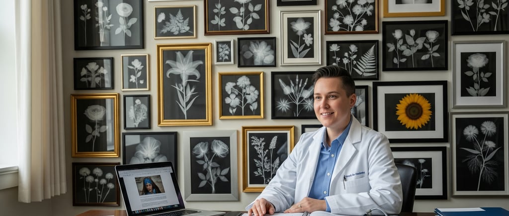 doctor at desk behind are many floral prints on wall