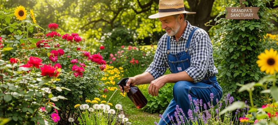 man in garden using vinegar on plants
