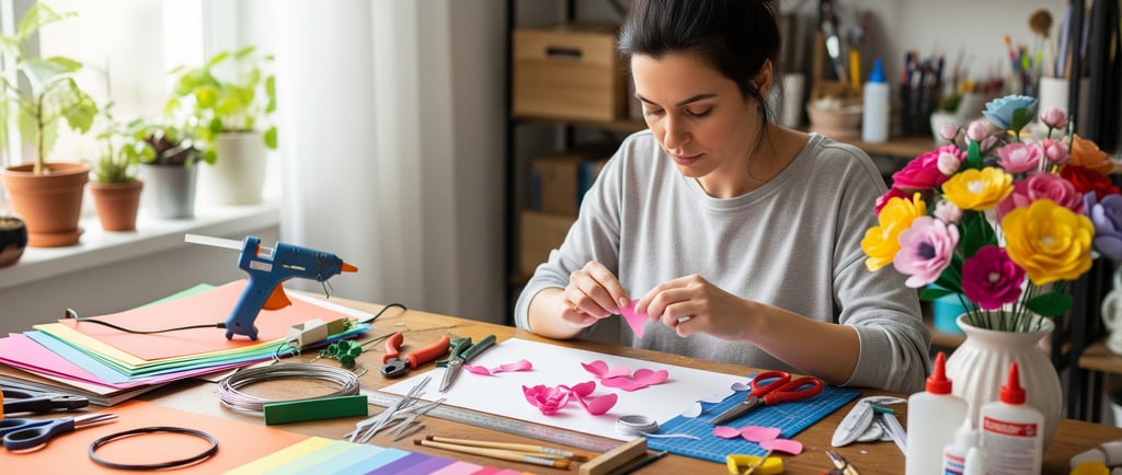 paper flower art tools on table as woman makes paper flowers