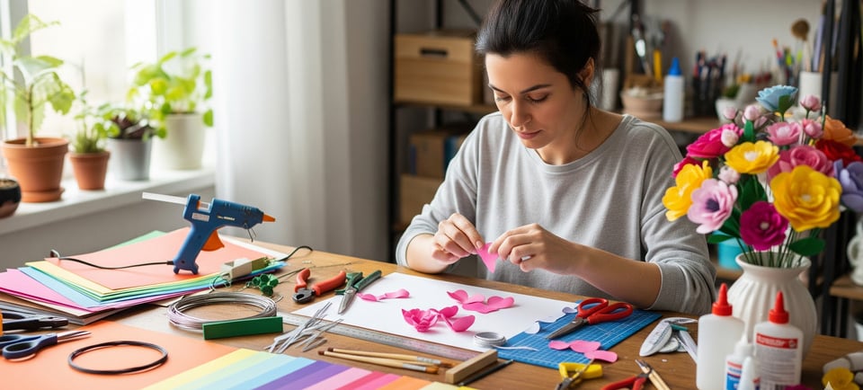 woman on table making paper flowers
