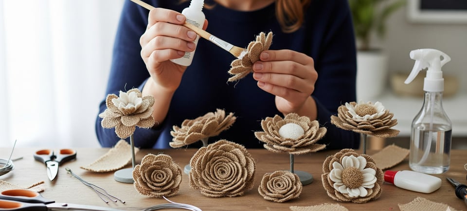woman crafting burlap flowers at table