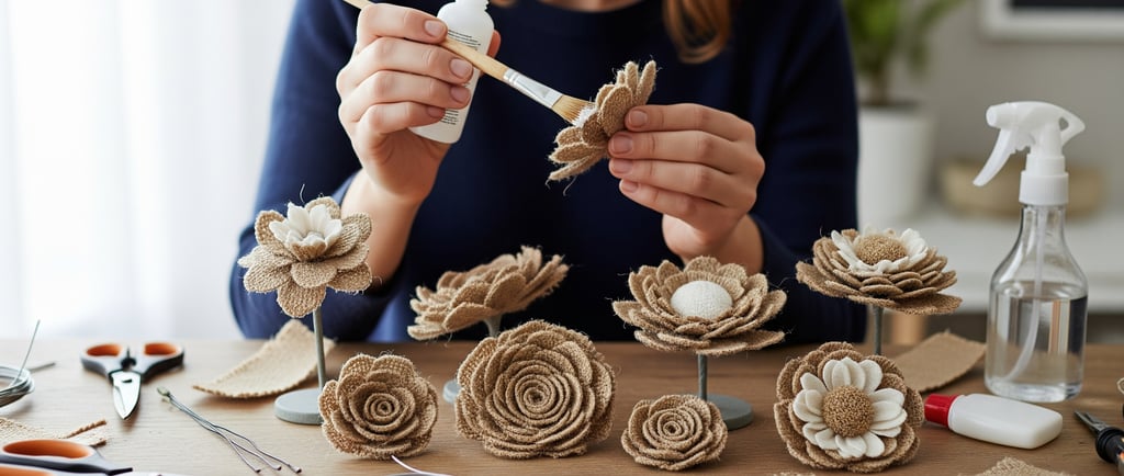 woman caring for burlap flowers with fabric stiffener