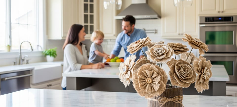 burlap flowers on display with happy family in background