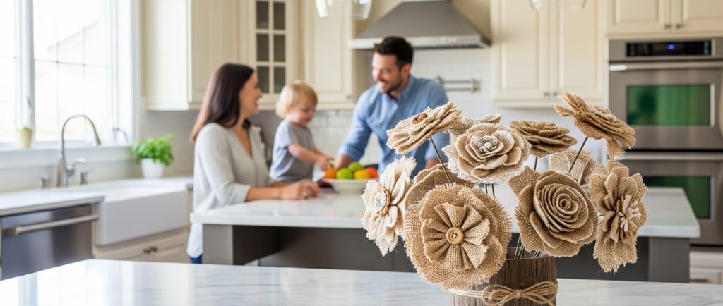 DIY burlap flowers on display with happy family in background
