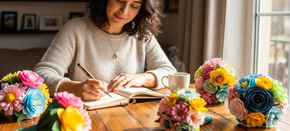 womam writing in book with paper flowers on table