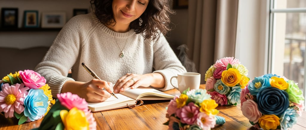woman making notes on table are paper flowers
