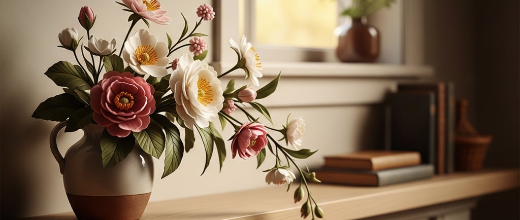 beautiful pressed flower clay art in ceramic pot