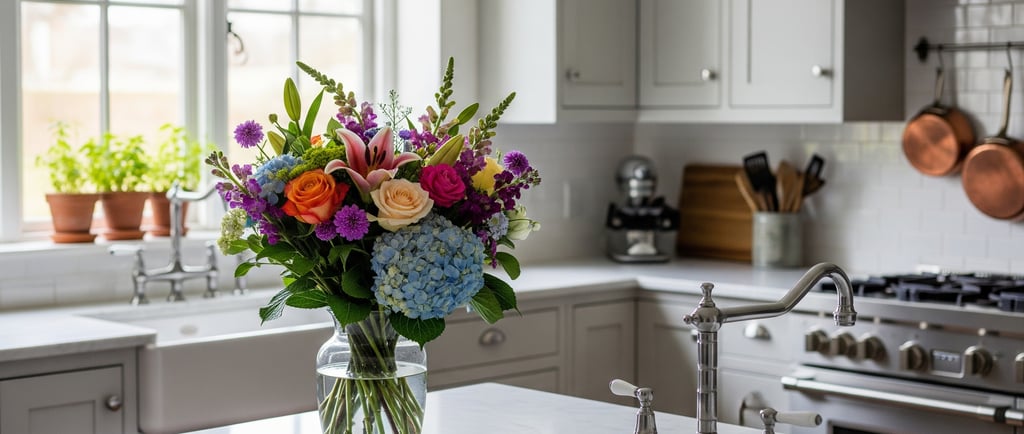 bouquet of flowers on kitchen breakfast bar top