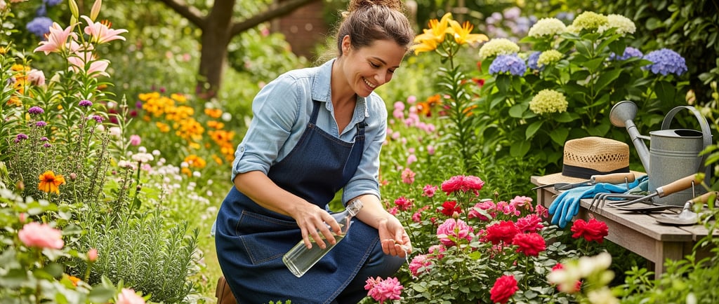 woman treating flowers in garden with vinegar