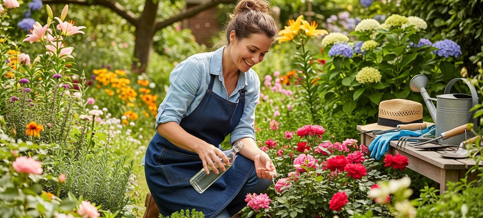 woman outdoors treating flowers with vinegar