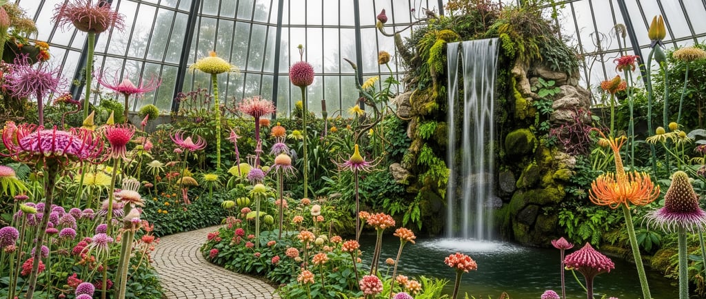 strange flowers and orchids in conservatory garden