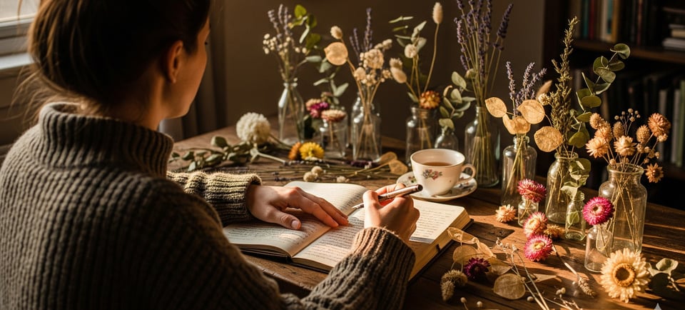 woman sat writing with dried flowers on table