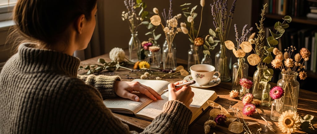 woman at desk writing on desk are dried flowers