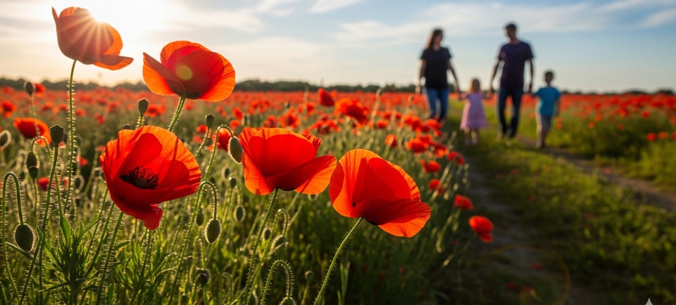 family walking in background with poppies in foreground