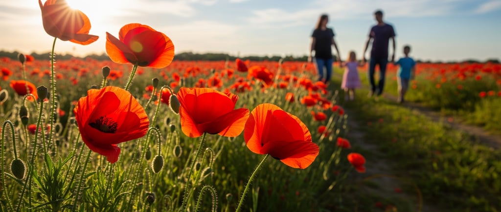 close up of poppies with family walking in background