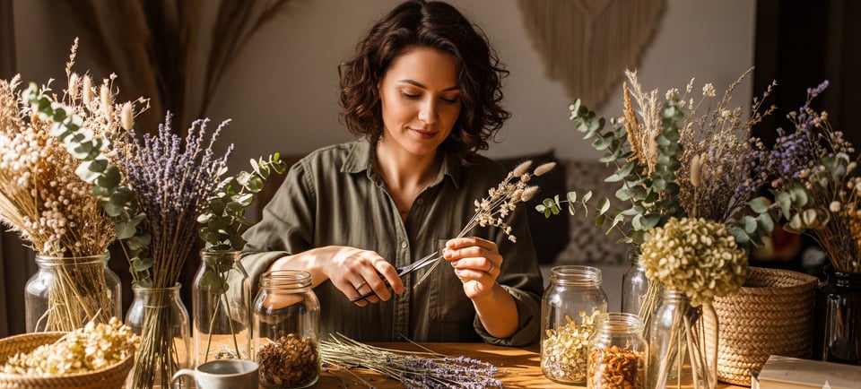 woman preparing dried flower display