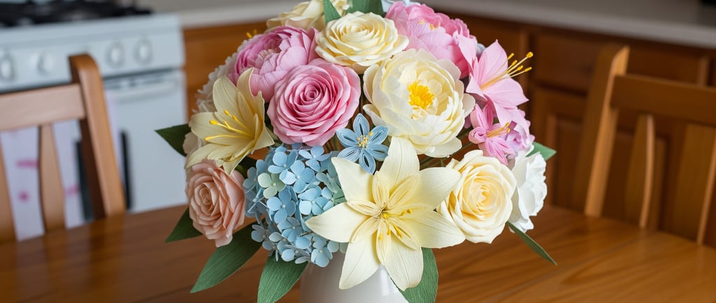 DIY paper flowers in pot on kitchen table