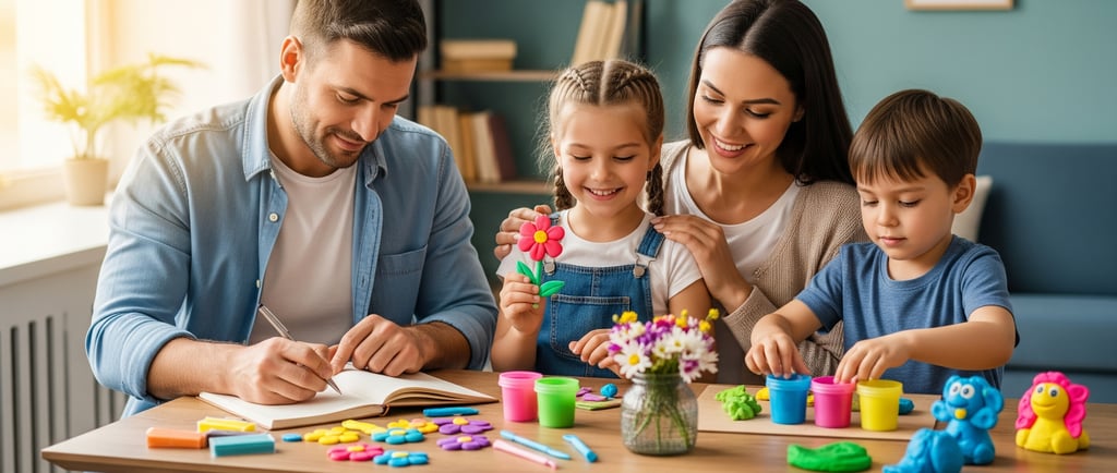 famil sat at table with father writing in notebook