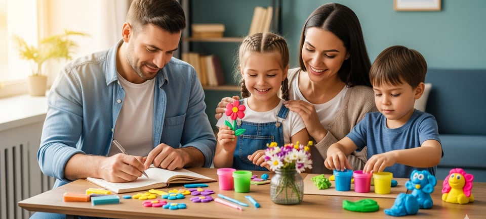happy family at table making floral clay art