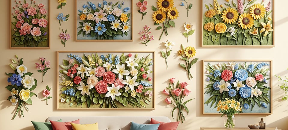 pressed flower clay art hanging on wall