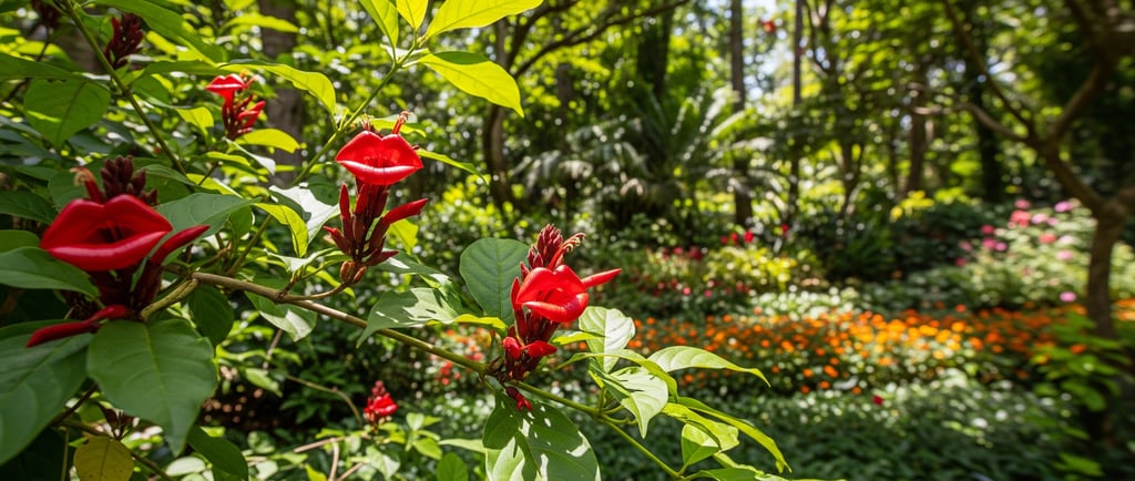 hookers lips red flowers in stunnning garden