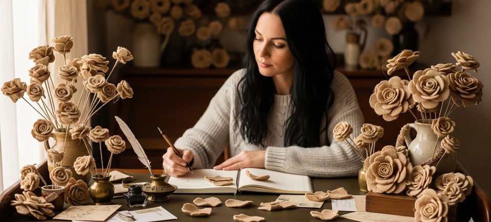 woman at desk writing with burlap flowers nearby