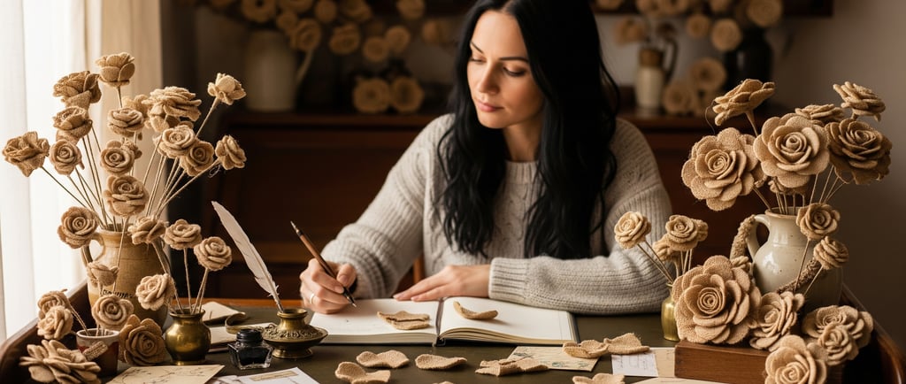 woman writing at desk surrounded by burlap flowers