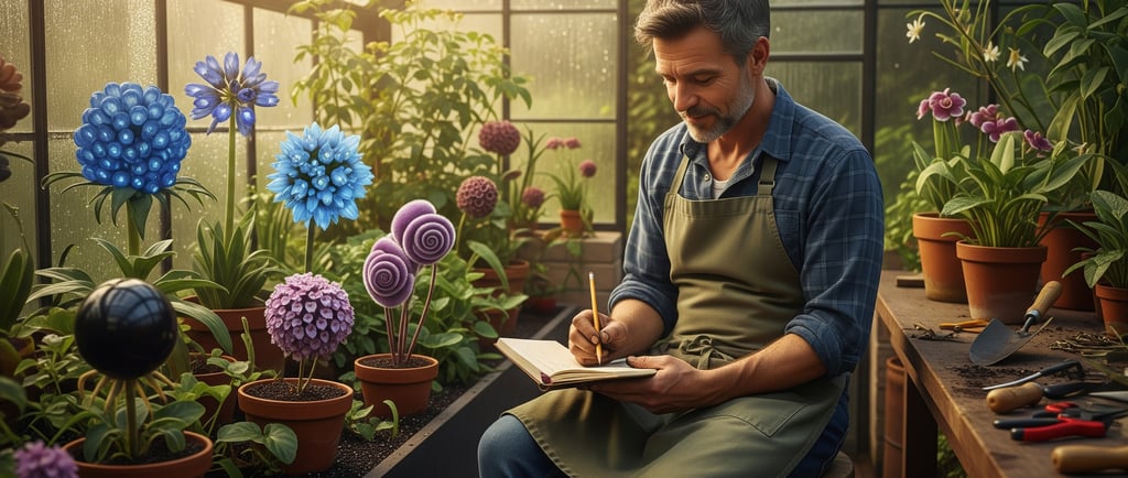 man sat down writing admist strange flowers
