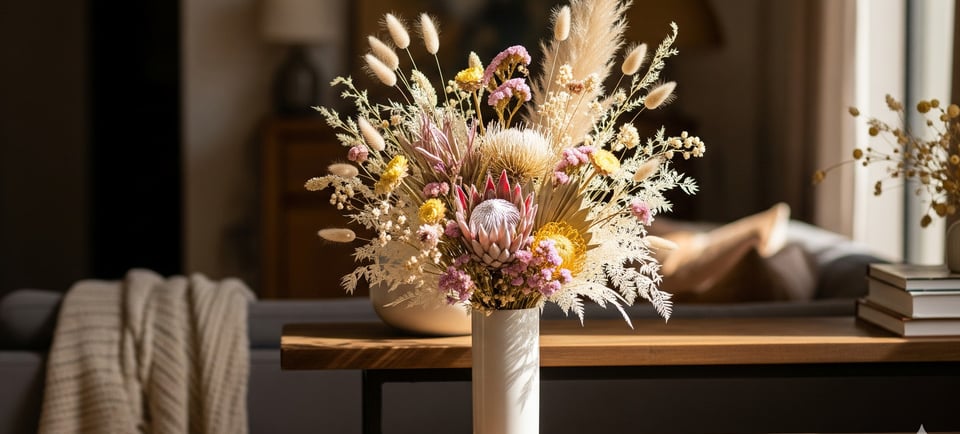 dried flowers on table 