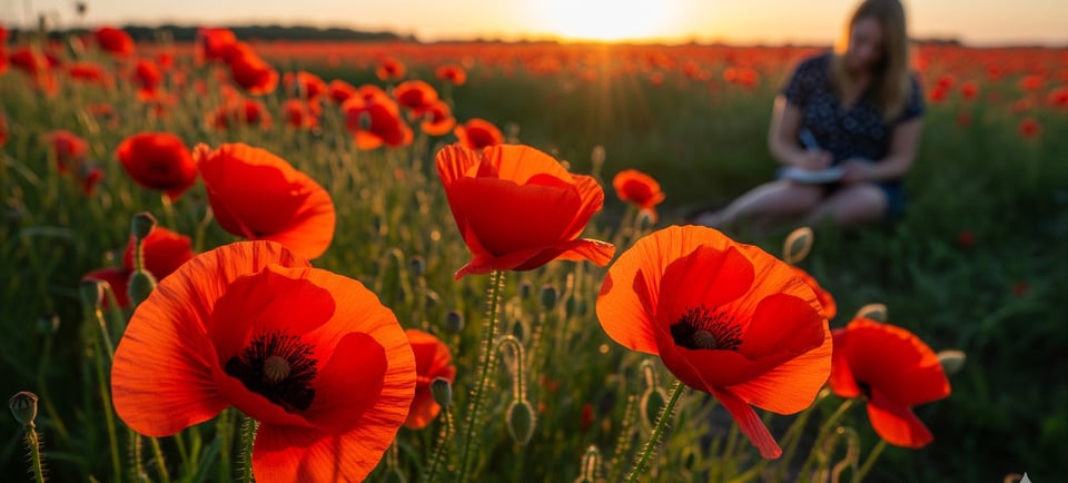 poppy flowers close up with woman in background  writing