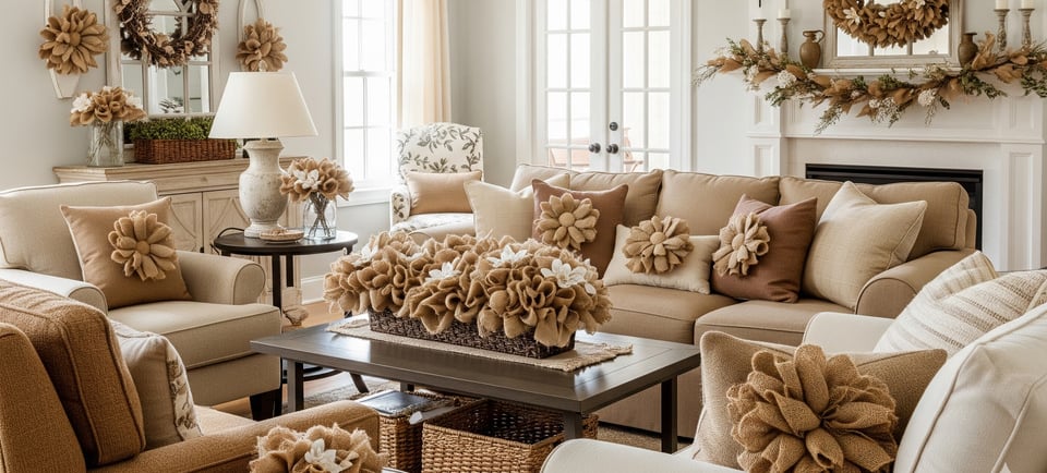 homemade burlap flowers decorating living room