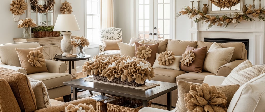 burlap flowers decorating a modern style living room
