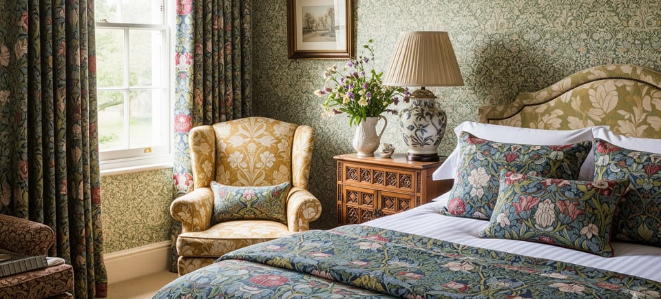 bedroom decorated with william morris patterns