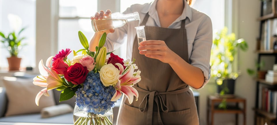 woman treating fresh cut flowers with vinegar