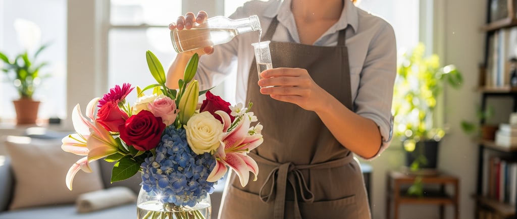 woman treating fresh cut flowers with vinegar