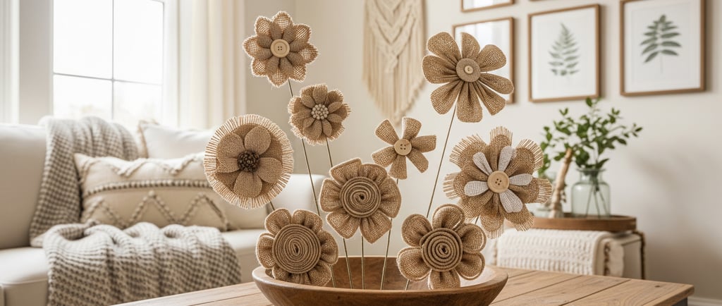 DIY burlap flowers on table in living room