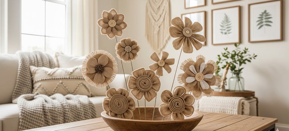 brown do it yourself burlap flowers on display