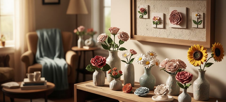 sideboard display of floral clay art