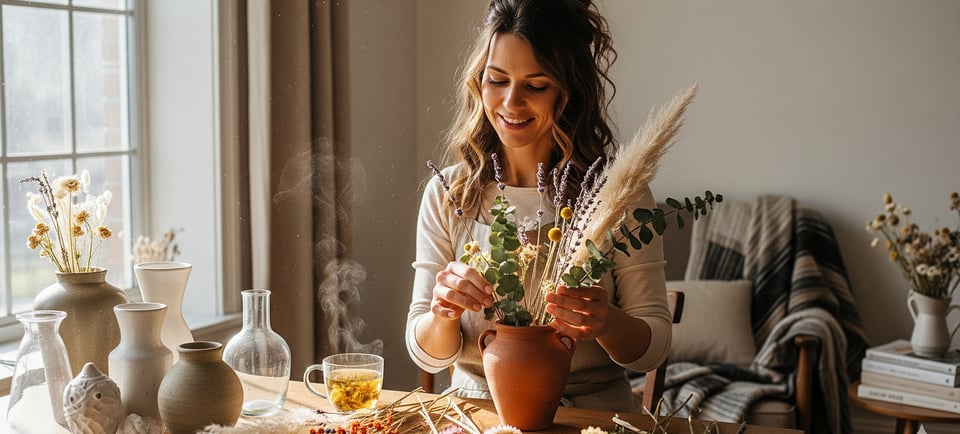 woman smiling and preparing dried flowers for vase