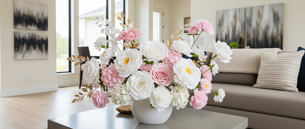 white and pink diy paper flower centerpiece in living room